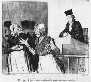 Le juge de paix a rendu sa décision, les parties sont censées être réconciliées..., caricature par Honoré Daumier. Charivari