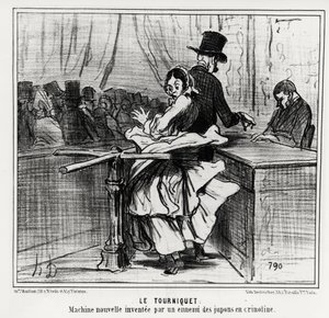 Exposition universelle : le tourniquet : une nouvelle machine inventée par un ennemi des jupons à crinoline. Illustration d