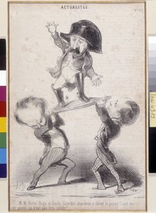 Victor Hugo et Émile de Girardin soutenant la candidature de Napoléon Bonaparte. Caricature par Honoré Daumier (1808-1879) parue dans "Le Charivari". Maison littéraire de Victor Hugo, Bièvres (Dim en cm 30,3x20)