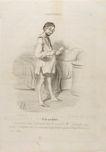(Il lit une lettre) "Un rendez-vous, ce serait de la part de la jolie Mme Giraud  Oui, mais ça peut aussi venir de son mari qui veut me pincer...", planche 8 de la Coquetterie - Honoré Victorin Daumier