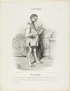 (Il lit une lettre) "Un rendez-vous, ce serait de la part de la jolie Mme Giraud  Oui, mais ça peut aussi venir de son mari qui veut me pincer...", planche 8 de la Coquetterie - Honoré Victorin Daumier