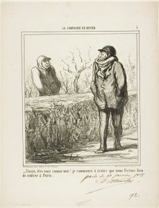 "- Bonjour, voisin, êtes-vous comme moi  Je commence à croire que nous ferions bien de retourner à Paris", planche 1 de La Campagne En Hiver