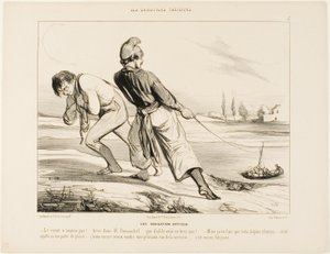 Une navigation difficile. "- Le bateau ne bouge pas ! Tirez Dumouchel, tirez.... pourquoi diable ne tirez-vous pas ! - Mais je ne fais que ça depuis trois heures !.... et on appelle ça un voyage d