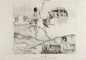 Une blague pratique. "Chauffeur ! Chauffeur ! Vous avez encore deux places dans la section des lapins ", planche 24 des Baigneurs - Honoré Victorin Daumier