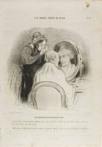 Un rajeunissement exagéré. "Il suffit de deux ou trois séances avec moi, Monsieur, et celui qui prétend encore trouver un cheveu gris sur vous est une personne malveillante. En effet, depuis la fin de la deuxième séance, la tête de Monsieur est aussi brill - Honoré Victorin Daumier