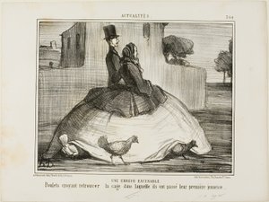 Une erreur excusable. Poulets pensant avoir retrouvé la cage où ils ont passé leur petite enfance, planche 21 de La Crinolomanie - Honoré Victorin Daumier