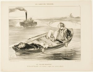 Une rencontre désagréable. "Bernardel, Bernardel ! Voici le vapeur... nous allons couler !", planche 16 des Canotiers Parisiens