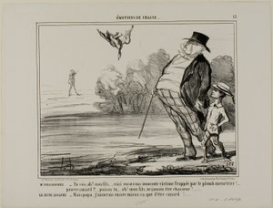 M. Prudhomme : "Te revoilà, mon fils... une autre victime innocente du plomb meurtrier.... pauvre petit canard... je t