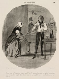 "Espèce de clochard ! Je voudrais te voir te noyer dans ta bière ! Me laissant ainsi seule avec mes trois enfants, il me donne douze sous, et quand il revient le soir, il demande sa monnaie !", planche 48 de Mœurs Conjugales - Honoré Victorin Daumier