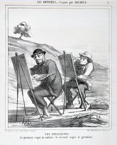 Œuvre de Honoré Daumier (1808-1879). Charivari date de 1865 : Série LES ARTISTES Les paysagistes. « Le premier copie la nature, le second copie le premier » MUSÉE DES BEAUX-ARTS - PALAIS LONGCHAMP, MARSEILLE