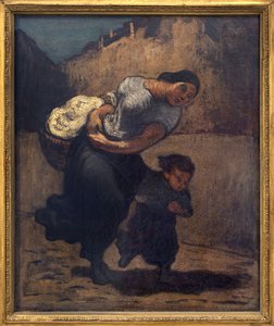 La tempête (la lavande). Une femme tenant un panier avec un enfant, probablement pour se protéger de la pluie. - Honoré Daumier