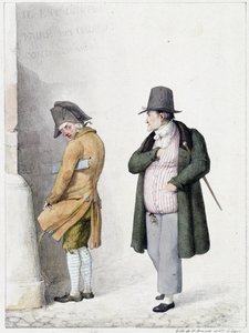 Homme urinant contre un mur et un autre passant - lithographie par Brunet