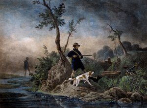 Chasse aux canards dans les marais, gravure d