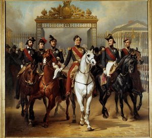 Le roi Louis-Philippe Ier entouré de ses cinq fils sortant par la grille d