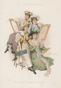 Groupe de quatre femmes bien habillées tenant des planches à dessin (lithographie couleur) - Howard Davie