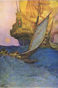 Une attaque sur un galion, du livre des pirates de Howard Pyle publié par Harper & Bros, 1921