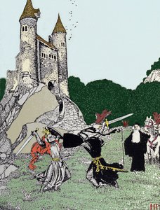 Bataille entre le roi Arthur et le chevalier noir en présence de Merlin l