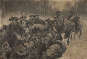 Cinq soldats en manteau rouge à cheval, avec un autre enveloppé jusqu