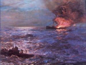 Navire marchand bombardé par un sous-marin allemand pendant la Seconde Guerre mondiale (lithographie en couleur)