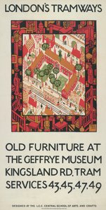 Vieux meubles au Geffrye Museum, affiche des tramways du London County Council LCC, 1924