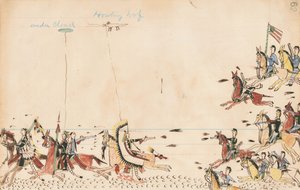 Combat entre Under Cloud et Howling Wolf avec le général Sully en 1868, 7ème cavalerie près du camp actuel, 1874-75 (stylo, encre et aquarelle sur papier de registre)