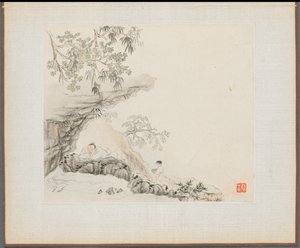 Album de Peintures de Paysages Illustrant de Vieux Poèmes : Un homme allongé sous un surplomb rocheux ; un garçon se tient à sa droite