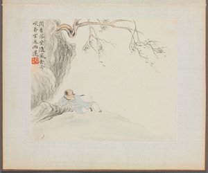 Album de Peintures de Paysages Illustrant de Vieux Poèmes : Un homme allongé sous une branche surplombante
