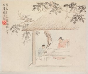 Album de Peintures de Paysages Illustrant de Vieux Poèmes : Un homme assis à une table devant un rouleau ouvert ; un garçon mélange de l