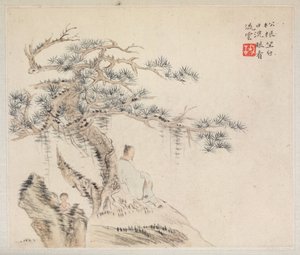 Album de Peintures de Paysages Illustrant de Vieux Poèmes : Un vieil homme assis sous un pin, un garçon derrière une pierre