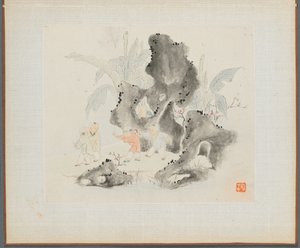 Album de peintures de paysages illustrant de vieux poèmes : Enfants jouant dans un bosquet rocheux, 18e siècle - Hua Yan
