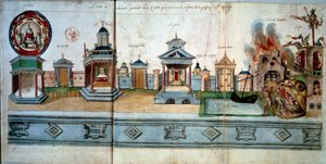 Frontispice illustrant la passion et la résurrection de Jésus-Christ. De gauche à droite : le Paradis (avec une salle vide), la porte de Nazareth, le temple, la porte de Jérusalem, le palais (avec la maison des énigmes), la porte Dorée, le limbe des pères