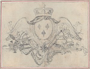 Armoiries du roi de France avec des ailes et des instruments scientifiques (graphite, incisé pour transfert sur papier vergé ; déposé)