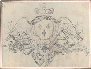 Armoiries du roi de France avec ailes et instruments scientifiques - Hubert Francois Gravelot