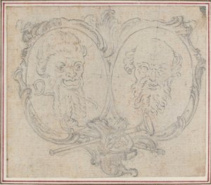 Double cartouche avec deux têtes et symboles de la renommée et de la folie - Hubert Francois Gravelot