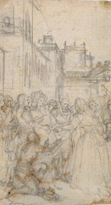 Illustration littéraire avec groupe de figures suppliant un homme