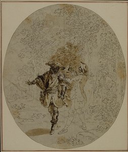 Étude pour une deuxième édition, jamais publiée, de "La Partie de Chasse de Henri IV" de Colle, Acte II, Scène 11 - Hubert Francois Gravelot
