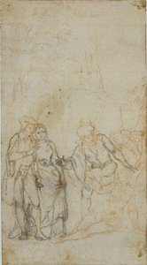 Illustration littéraire non identifiée avec un groupe de figures entourant une figure allongée dans un paysage