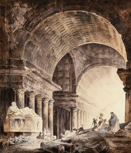 Un grand bâtiment à voûtes croisées, avec des femmes et des enfants et un chien près de colonnes brisées