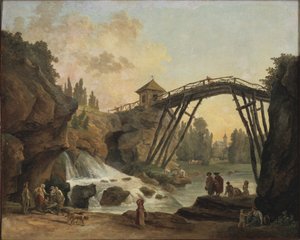 Artiste dessinant le pont en bois dans le parc de Méréville, c.1790