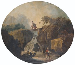 French: Paysage de cascade avec un pont - Hubert Robert