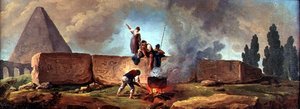 Gitans faisant bouillir un chaudron parmi des ruines égyptiennes