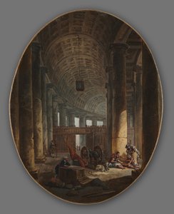 Paire de peintures : La Colonnade de Saint-Pierre, Rome, pendant le conclave et La Grotte..., vers 1769