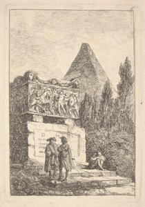 Planche 6 : Le Sarcophage : deux hommes conversant à gauche, un autre homme assis et dormant..., vers 1763-64 - Hubert Robert