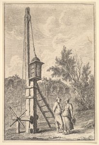 Planche 9 : La Poulie : un homme et une femme conversant à droite, une lanterne accrochée à un poteau..., vers 1763-64 - Hubert Robert