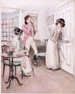 Mlle Henrietta et Mlle Fanny, encouragées par cette sympathie, se rapprochent de la porte de la chambre intéressante. - Hugh Thomson