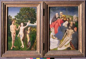 Diptyque : La Chute (Adam et Ève, serpent et pomme) et la Descente de Croix (après 1479)