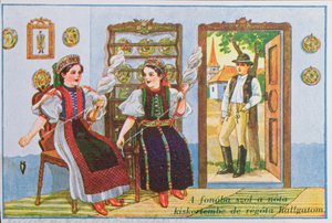 Carte postale représentant des femmes en costume traditionnel hongrois filant et chantant la chanson populaire Chante une chanson à la grenouille, vers 1940
