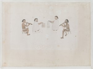 Musiciens de Tahiti. Quatre Tahitiens, deux habillés en mare jouant de la flûte nasale ; deux habillés en tiputa battant des tambours, enregistré dans le Journal de Joseph Banks I, 290 - I. F. Miller