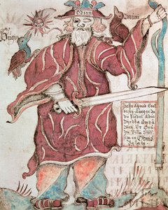 Odin, avec ses deux corbeaux, Hugin (pensée) et Munin (mémoire)