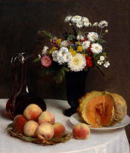 Nature morte avec carafe, fleurs et fruits, 1865